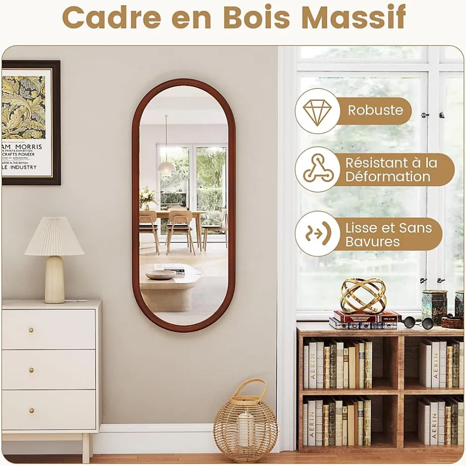 Giantex Miroir Mural Peu Encombrant,avec Cadre en Bois Massif,Miroir HD,4 Crochets de Fixation,pour Salon,Chambre, Balcon, Entrée, Noyer