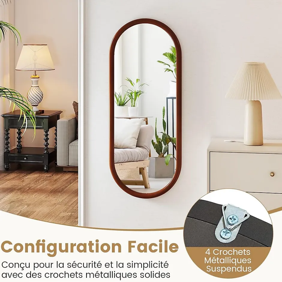 Giantex Miroir Mural Peu Encombrant,avec Cadre en Bois Massif,Miroir HD,4 Crochets de Fixation,pour Salon,Chambre, Balcon, Entrée, Noyer