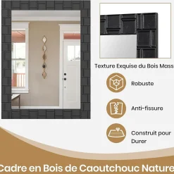 Giantex Miroir Mural Rectangulaire 80 x 60 Cm (L x l) avec Cadre en Bois d'Hévéa Naturel,Crochets Métalliques, pour Salle de Bain,Chambre