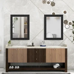 Giantex Miroir Mural Rectangulaire 80 x 60 Cm (L x l) avec Cadre en Bois d'Hévéa Naturel,Crochets Métalliques, pour Salle de Bain,Chambre
