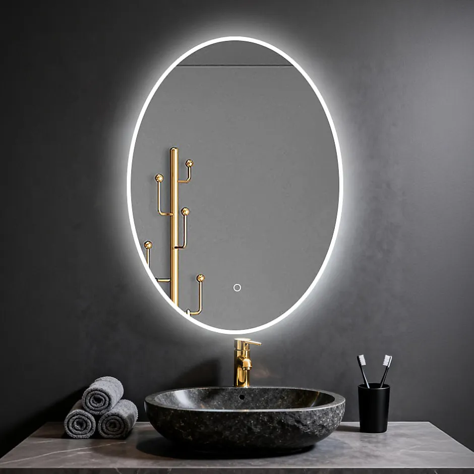 Saniland Miroir ovale LED 50x70 cm lumière dimmable 2700 6000 K, zone anti-buée et minuterie 60 min* Miroir Lumineux