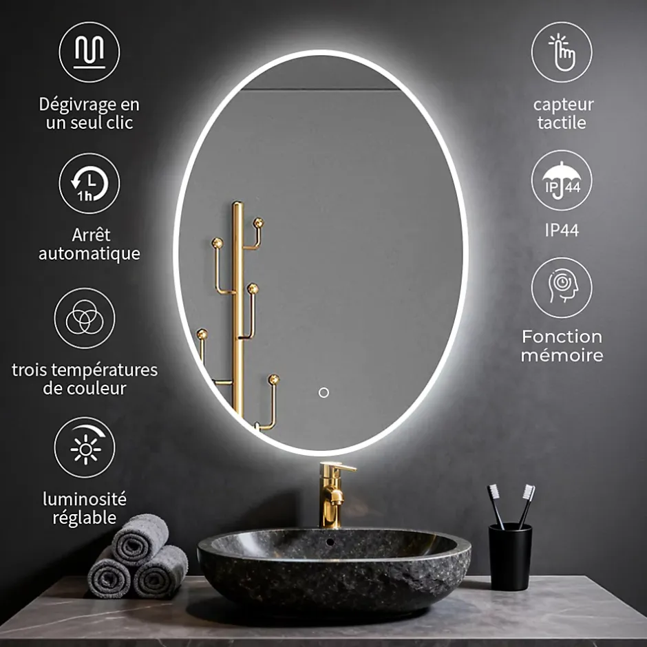 Saniland Miroir ovale LED 50x70 cm lumière dimmable 2700 6000 K, zone anti-buée et minuterie 60 min* Miroir Lumineux