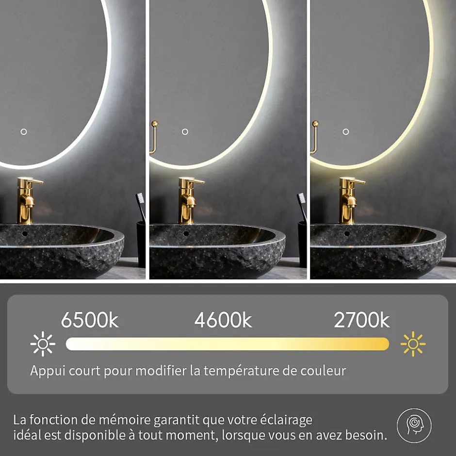 Saniland Miroir ovale LED 50x70 cm lumière dimmable 2700 6000 K, zone anti-buée et minuterie 60 min* Miroir Lumineux