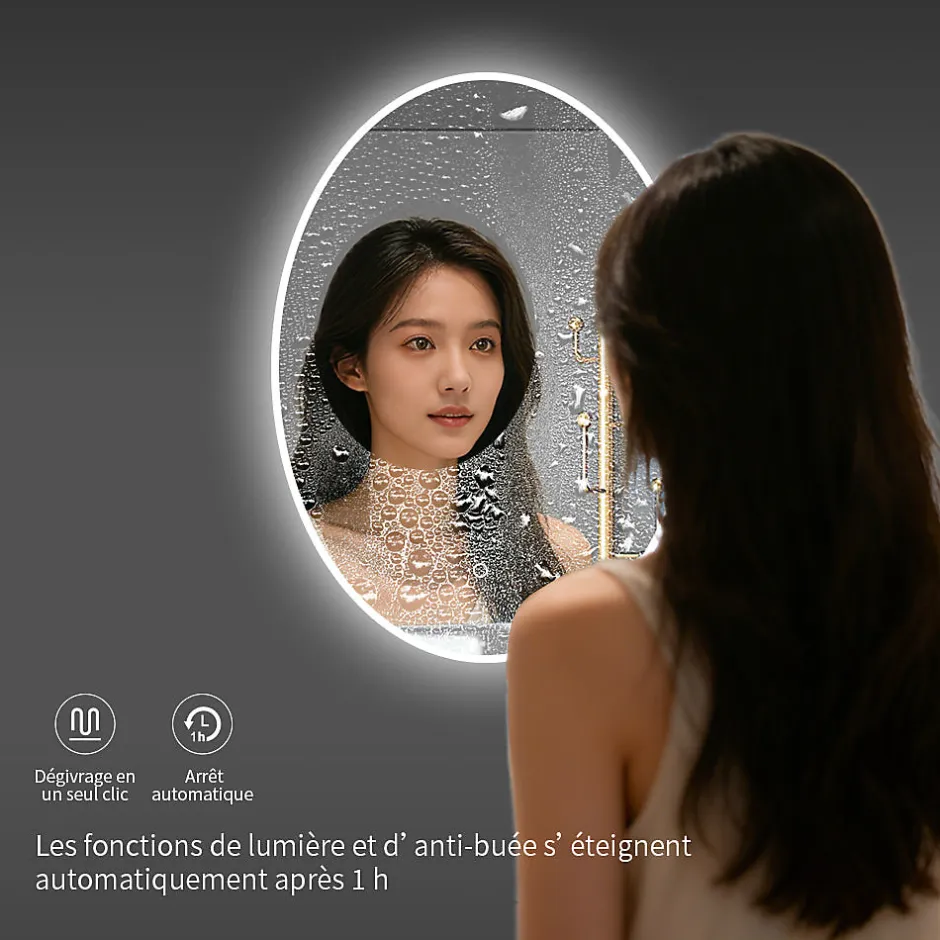 Saniland Miroir ovale LED 50x70 cm lumière dimmable 2700 6000 K, zone anti-buée et minuterie 60 min* Miroir Lumineux