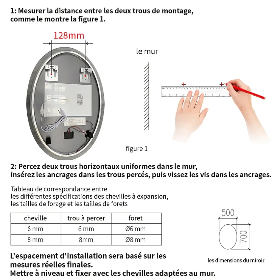 Saniland Miroir ovale LED 50x70 cm lumière dimmable 2700 6000 K, zone anti-buée et minuterie 60 min* Miroir Lumineux