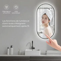 Saniland Miroir rectangle arrondi 50x100 cm lumière d'ambiance LED 2700 à 6000 K anti-buée cadre aluminium noir* Miroir Lumineux