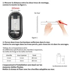 Saniland Miroir rectangle arrondi 50x100 cm lumière d'ambiance LED 2700 à 6000 K anti-buée cadre aluminium noir* Miroir Lumineux