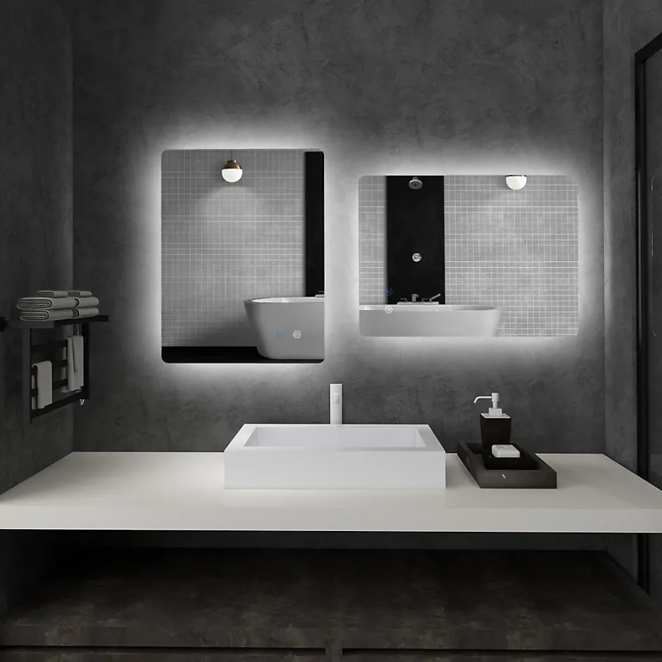 kleankin Miroir rectangulaire mural LED salle de bain - 70x50cm - 3 couleurs luminosité réglable tactile système antibuée blanc transparent* Miroir Lumineux