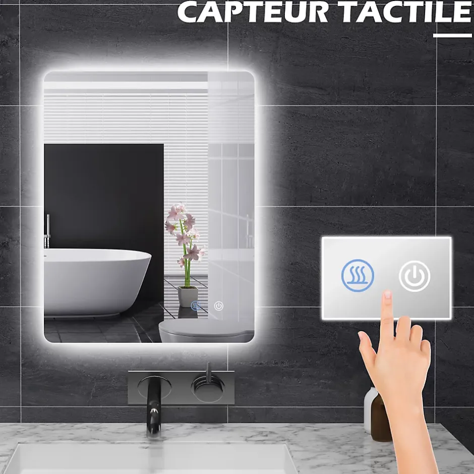 kleankin Miroir rectangulaire mural LED salle de bain - 70x50cm - 3 couleurs luminosité réglable tactile système antibuée blanc transparent* Miroir Lumineux