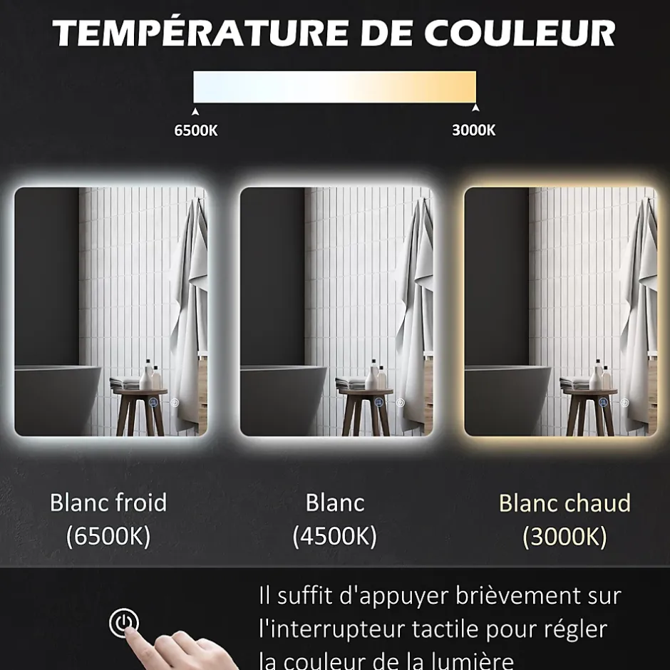 kleankin Miroir rectangulaire mural LED salle de bain - 70x50cm - 3 couleurs luminosité réglable tactile système antibuée blanc transparent* Miroir Lumineux