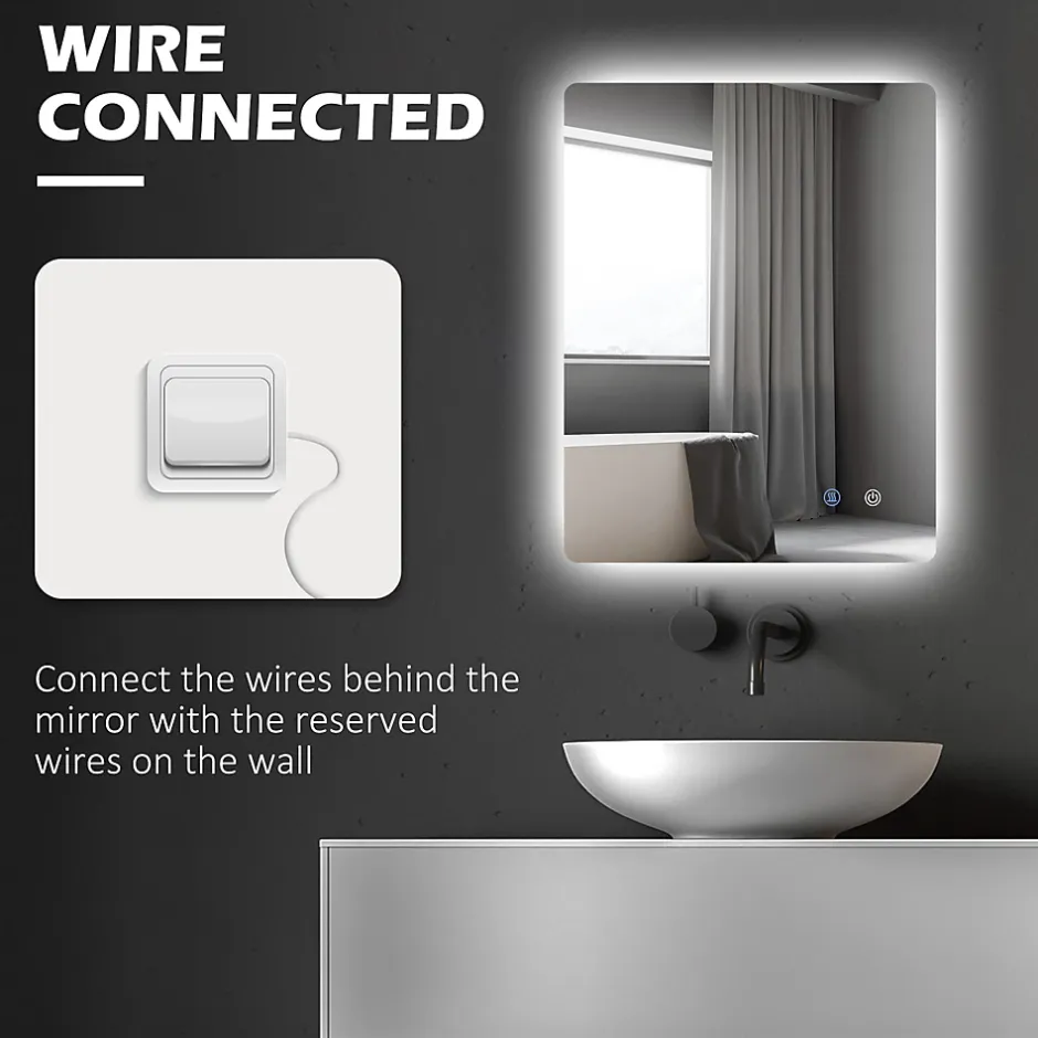 kleankin Miroir rectangulaire mural LED salle de bain - 70x50cm - 3 couleurs luminosité réglable tactile système antibuée blanc transparent* Miroir Lumineux