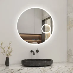 AICA Sanitaire Miroir rond de salle de bain 80cm LED tricolore horloge + loupe + anti-buée + mémoire,