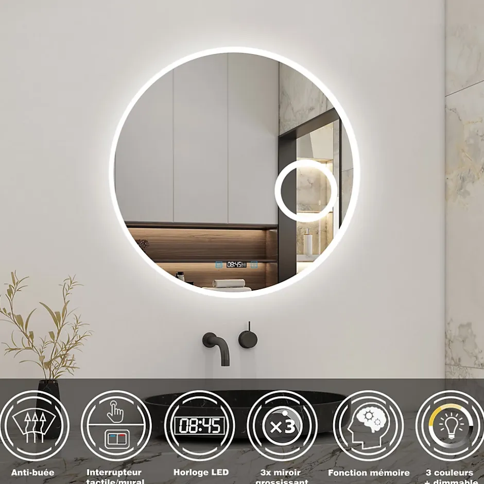 AICA Sanitaire Miroir rond de salle de bain 80cm LED tricolore horloge + loupe + anti-buée + mémoire,
