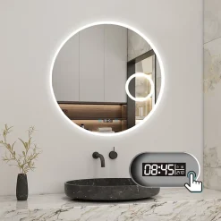 AICA Sanitaire Miroir rond de salle de bain 80cm LED tricolore horloge + loupe + anti-buée + mémoire,