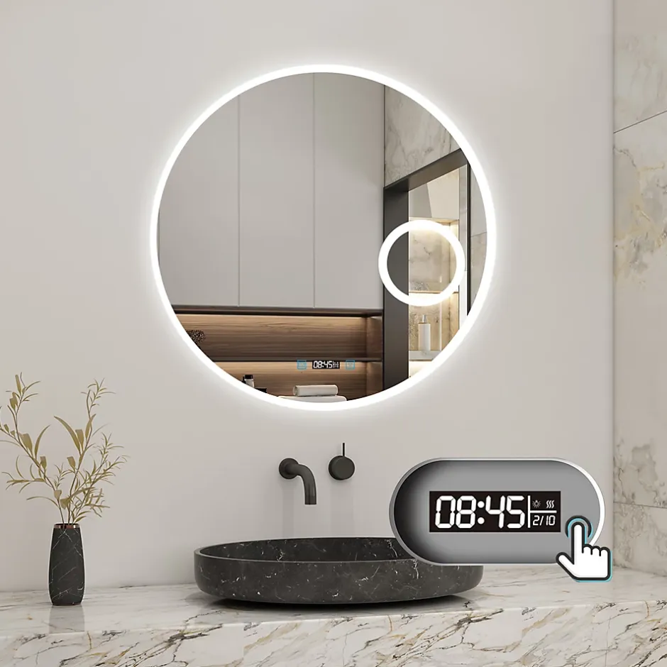 AICA Sanitaire Miroir rond de salle de bain 80cm LED tricolore horloge + loupe + anti-buée + mémoire,