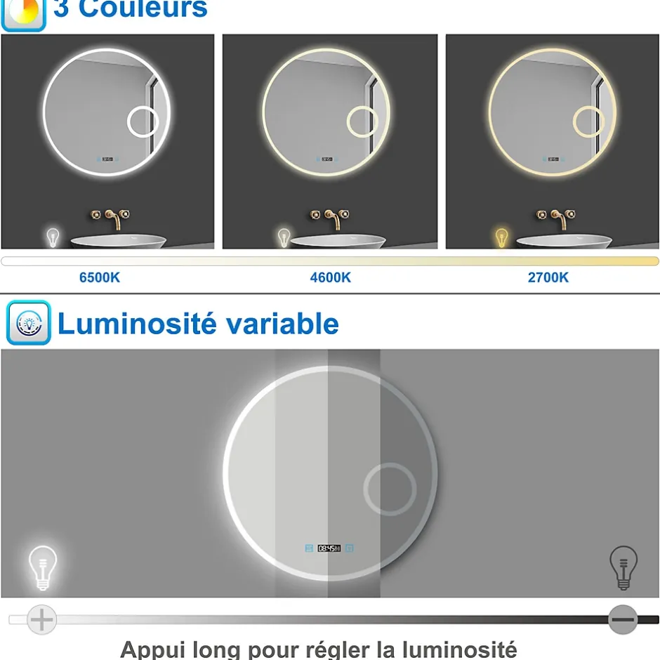 AICA Sanitaire Miroir rond de salle de bain 80cm LED tricolore horloge + loupe + anti-buée + mémoire,