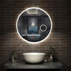 AICA Sanitaire Miroir rond de salle de bain 80cm LED tricolore horloge + loupe + anti-buée + mémoire,* Miroir Lumineux