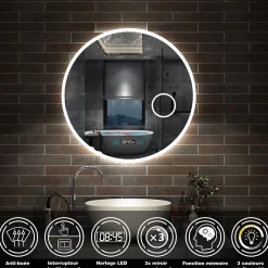 AICA Sanitaire Miroir rond de salle de bain 80cm LED tricolore horloge + loupe + anti-buée + mémoire,* Miroir Lumineux