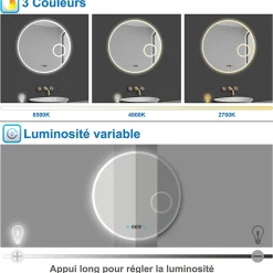 AICA Sanitaire Miroir rond de salle de bain 80cm LED tricolore horloge + loupe + anti-buée + mémoire,* Miroir Lumineux