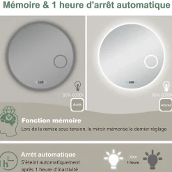 AICA Sanitaire Miroir rond de salle de bain 80cm LED tricolore horloge + loupe + anti-buée + mémoire,* Miroir Lumineux