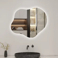 AICA Sanitaire Miroir salle de bain asymétrique 60 x 50 cm LED Éclairage réglable en 3 couleurs + anti-buée + mémoire* Miroir Lumineux