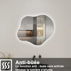 AICA Sanitaire Miroir salle de bain asymétrique 60 x 50 cm LED Éclairage réglable en 3 couleurs + anti-buée + mémoire* Miroir Lumineux