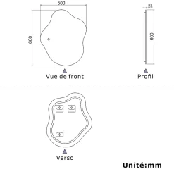 AICA Sanitaire Miroir salle de bain asymétrique 60 x 50 cm LED Éclairage réglable en 3 couleurs + anti-buée + mémoire* Miroir Lumineux