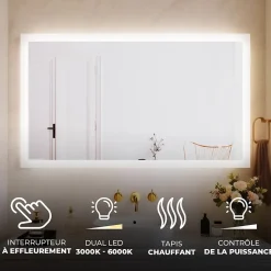 Artforma Miroir Salle de Bain avec Eclairage 120x70, Miroir LED avec Tactile et Fonction Anti-buée, Systeme Couleur DUAL LED