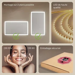 Artforma Miroir Salle de Bain avec Eclairage 120x70, Miroir LED avec Tactile et Fonction Anti-buée, Systeme Couleur DUAL LED