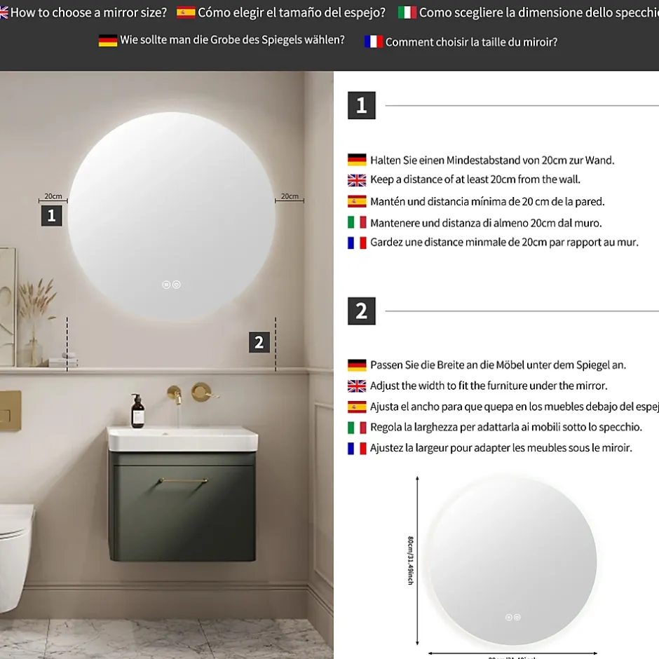 ProximaX Miroir Salle de Bain avec Éclairage - Rond 80 cm - Miroir LED Salle de Bain - avec Anti-buée et 3 Couleur Changeable