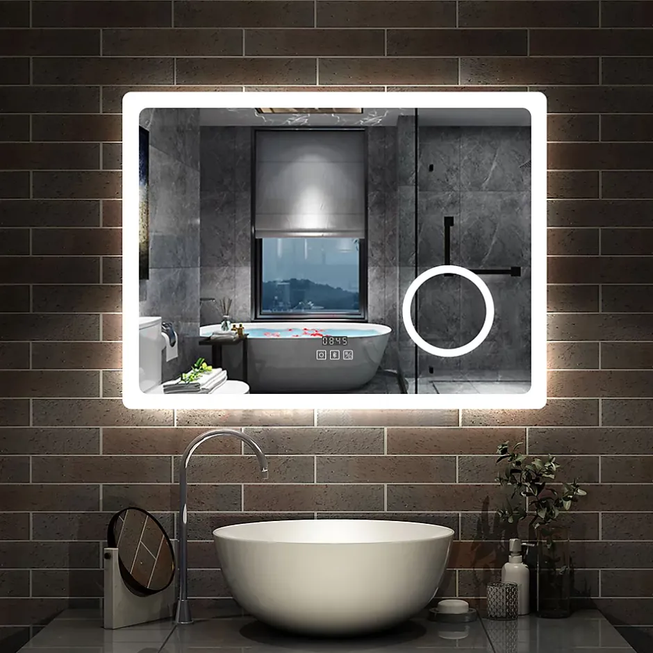 AICA Sanitaire Miroir salle de bain bluetooth + loupe + horloge + tricolore + anti-buée 80x60cm dimmable,mémoire,tactile,led,* Miroir Lumineux