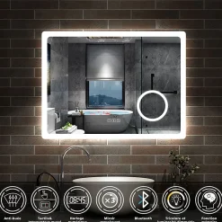 AICA Sanitaire Miroir salle de bain bluetooth + loupe + horloge + tricolore + anti-buée 80x60cm dimmable,mémoire,tactile,led,* Miroir Lumineux
