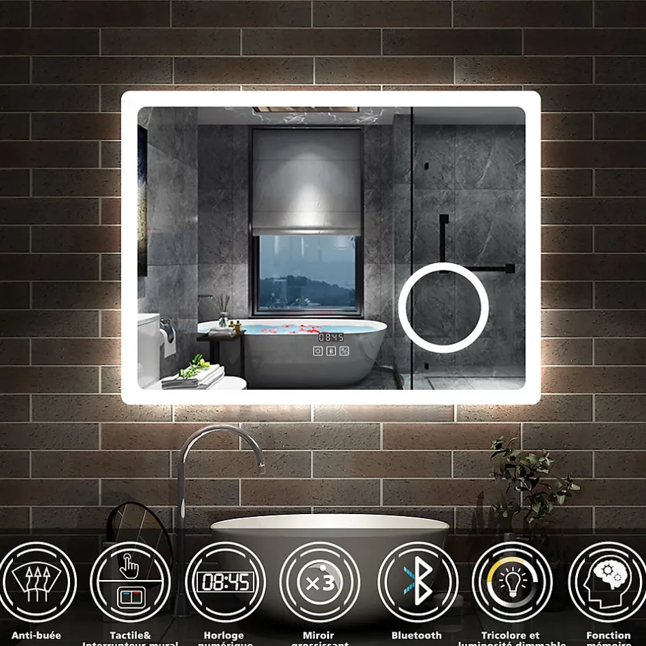 AICA Sanitaire Miroir salle de bain bluetooth + loupe + horloge + tricolore + anti-buée 80x60cm dimmable,mémoire,tactile,led,* Miroir Lumineux