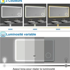 AICA Sanitaire Miroir salle de bain bluetooth + loupe + horloge + tricolore + anti-buée 80x60cm dimmable,mémoire,tactile,led,* Miroir Lumineux