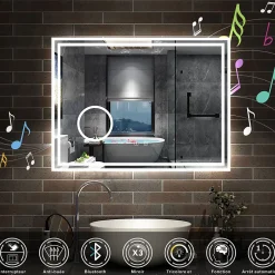 AICA Sanitaire Miroir salle de bain Bluetooth 80x60cm tricolore avec loupe 3x, dimmable, mémoire et anti-buée, IP44 Miroir LED,