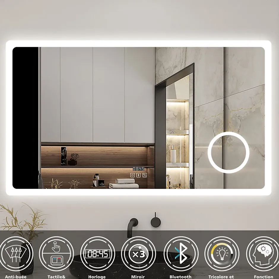 AICA Sanitaire Miroir salle de bain bluetooth + loupe + horloge + tricolore + anti-buée 80x60cm dimmable,mémoire,tactile,led,* Miroir Lumineux