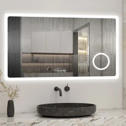 AICA Sanitaire Miroir salle de bain bluetooth + loupe + horloge + tricolore + anti-buée 80x60cm dimmable,mémoire,tactile,led,* Miroir Lumineux
