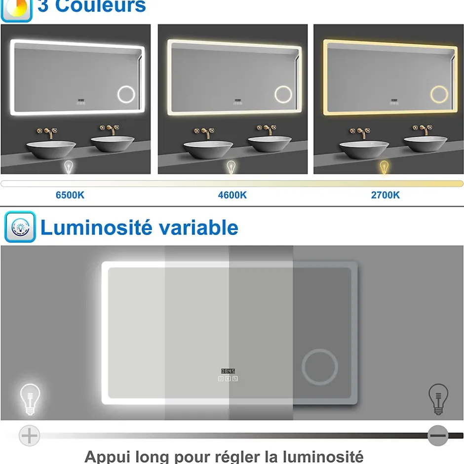 AICA Sanitaire Miroir salle de bain bluetooth + loupe + horloge + tricolore + anti-buée 80x60cm dimmable,mémoire,tactile,led,* Miroir Lumineux
