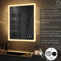 Saniverre Miroir salle de bain BOLEO 80 x 120 cm LED lumineux 2100 lms anti-buée + réglage intensité & couleur -* Miroir Lumineux