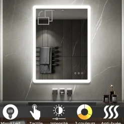 Saniverre Miroir salle de bain BOLEO 60 x 80 cm LED lumineux 2100 lms anti-buée + réglage intensité & couleur -* Miroir Lumineux