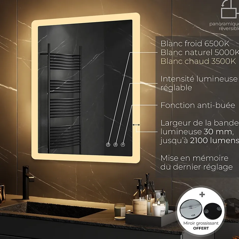 Saniverre Miroir salle de bain BOLEO 60 x 80 cm LED lumineux 2100 lms anti-buée + réglage intensité & couleur -* Miroir Lumineux