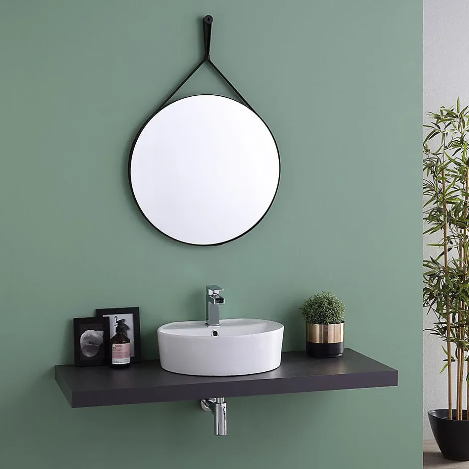 Kiamami Valentina Miroir Salle De Bain Design Avec Cadre En Cuir Noir Diamètre 60 Cm* Miroir Grossissant