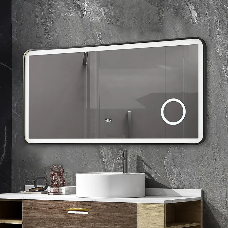 Luxury Bain Miroir salle de bain LED 110x60cm anti buée avec cadre en aluminium noir et loupe x3 LB-4685B* Miroir Lumineux
