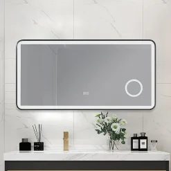Luxury Bain Miroir salle de bain LED 110x60cm anti buée avec cadre en aluminium noir et loupe x3 LB-4685B* Miroir Lumineux