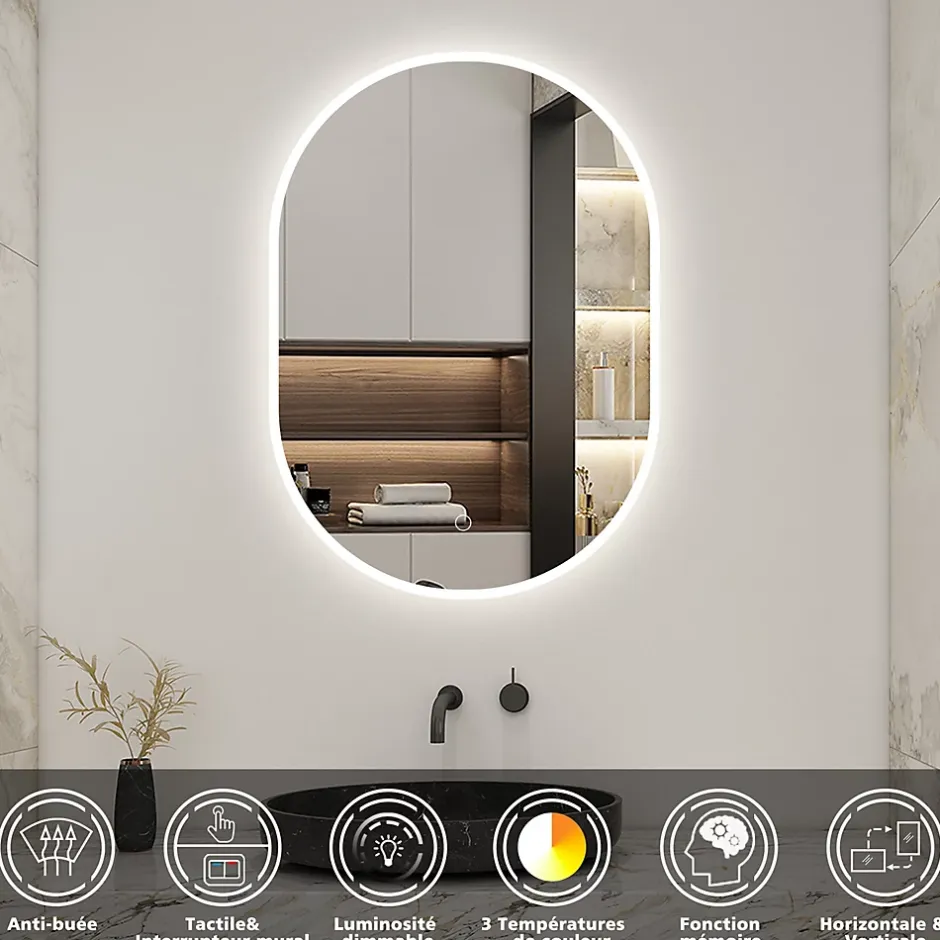 AICA Sanitaire Miroir salle de bain LED 60x100cm tricolore + anti-buée + dimmable + mémoire,