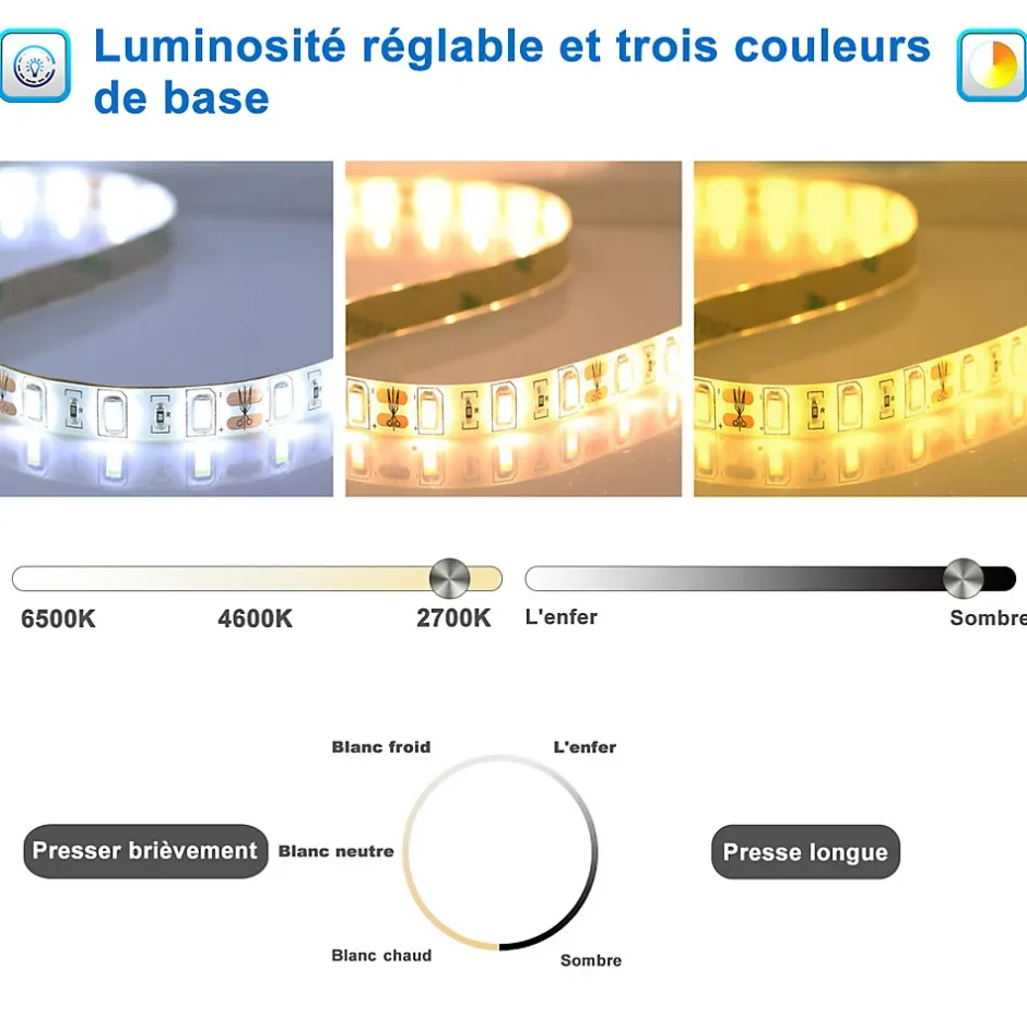 AICA Sanitaire Miroir salle de bain LED 60x100cm tricolore + anti-buée + dimmable + mémoire,