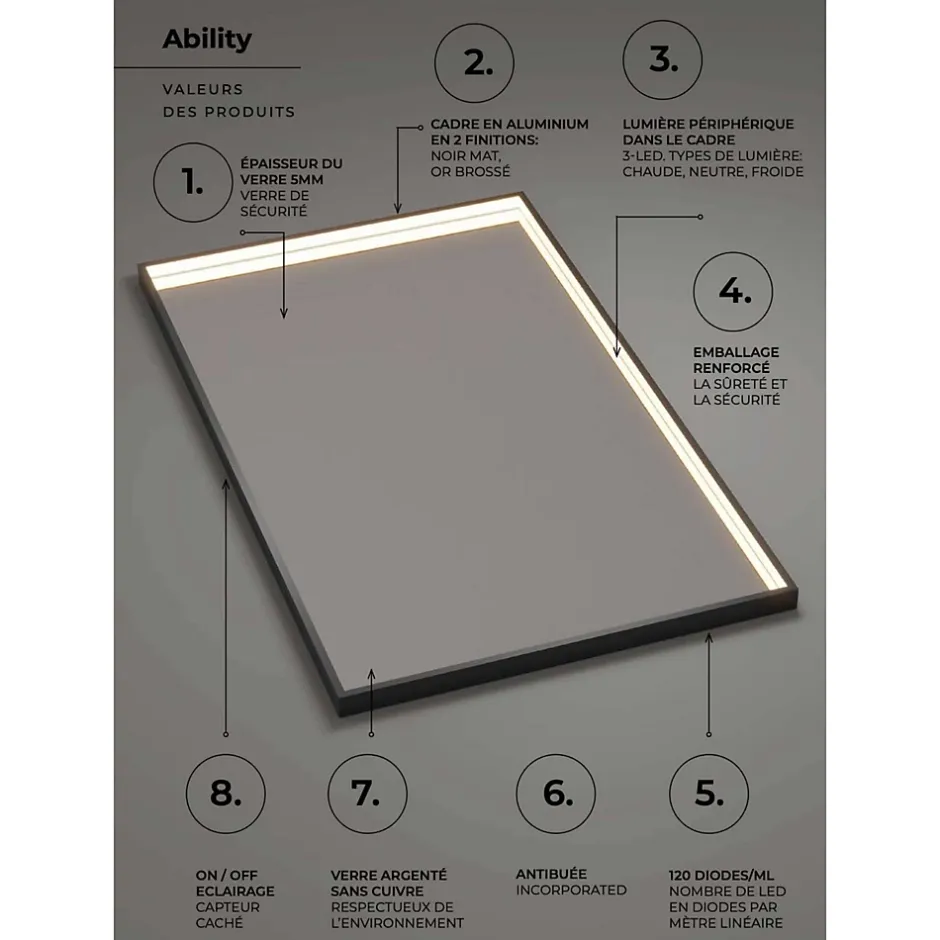 Ledimex Miroir Salle de Bain LED Réglable 80x120cm - Noir Mat - Anti-Buée & Détecteur de Mouvement - ABILITY* Miroir Lumineux