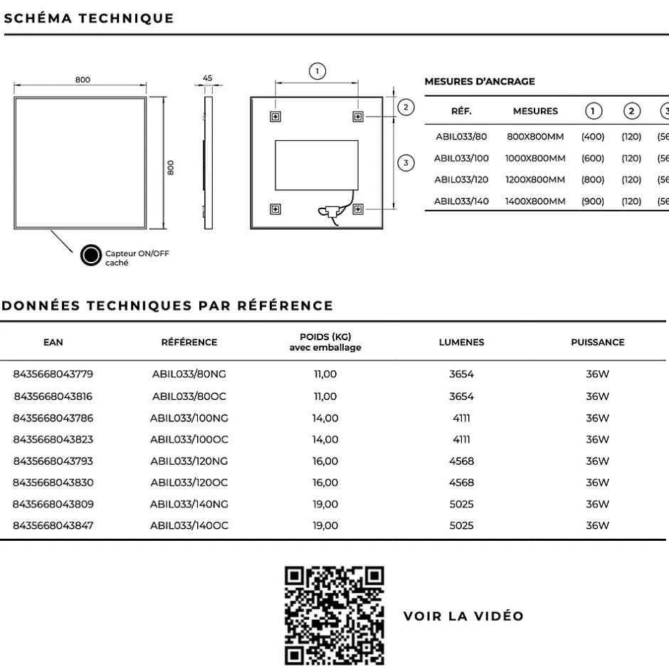 Ledimex Miroir Salle de Bain LED Réglable 80x120cm - Noir Mat - Anti-Buée & Détecteur de Mouvement - ABILITY* Miroir Lumineux