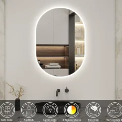 AICA Sanitaire Miroir salle de bain LED 45x80cm tricolore + anti-buée + dimmable + mémoire,