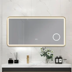 Luxury Bain Miroir salle de bain LED 120x60cm anti buée avec cadre en aluminium doré et loupe x3 LB-4685G